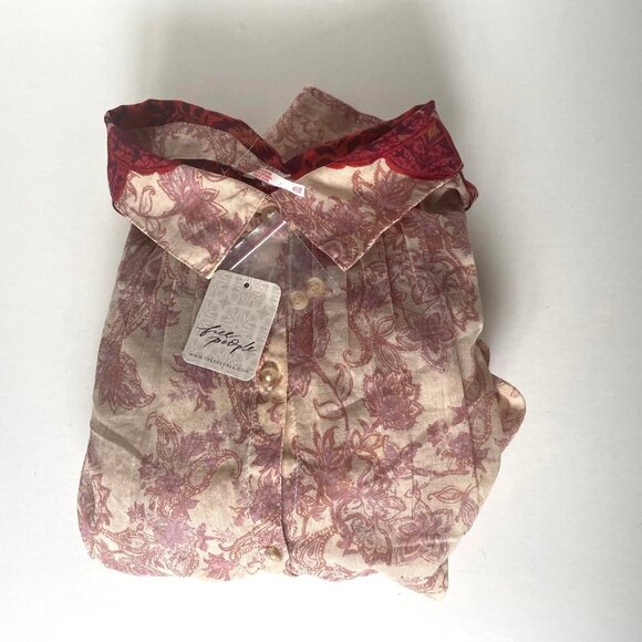 Free People Rose Bud Paisley Cotton Oversized Boho Blouse Red Cream Lightweight - Picture 11 of 14